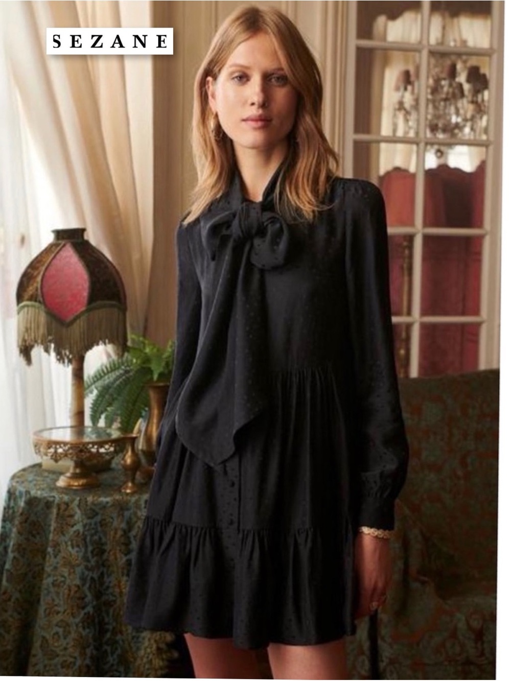 Sézane x Manoush Selena Silk Tiered Mini Dress Black Polka Dot 38 US 6 Bow Tie